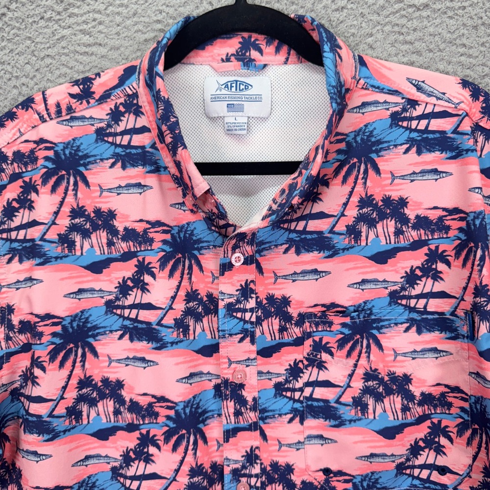 AFTCO Shirt Men L Pink Tropical Palm Fish Print Short Sleeve Fishing Outdoor Dad